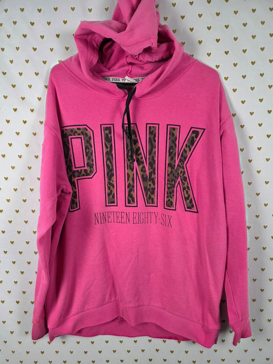 Victorias Secret Pink Leopard Cheetah Logo Oversized Pullover Hoodie Sweater MED