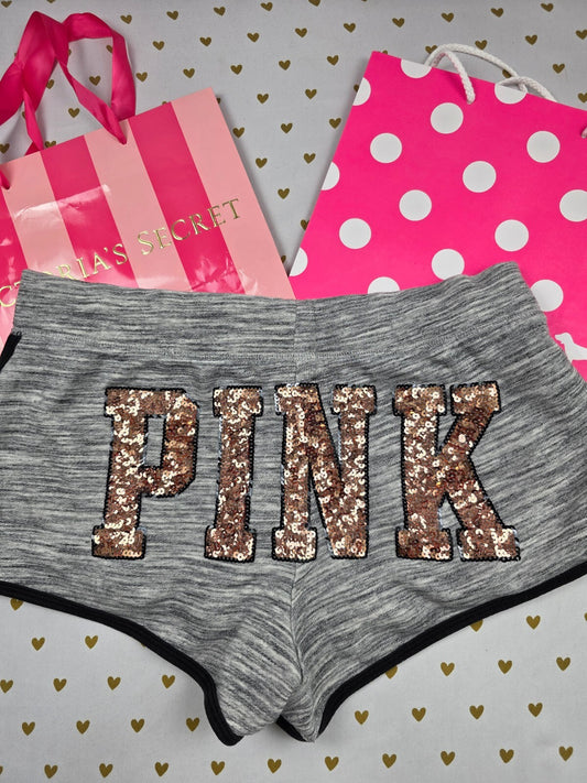 Victorias Secret PINK Gold Bling Sweats Sweatshorts Shorts Grey Sequined Large
