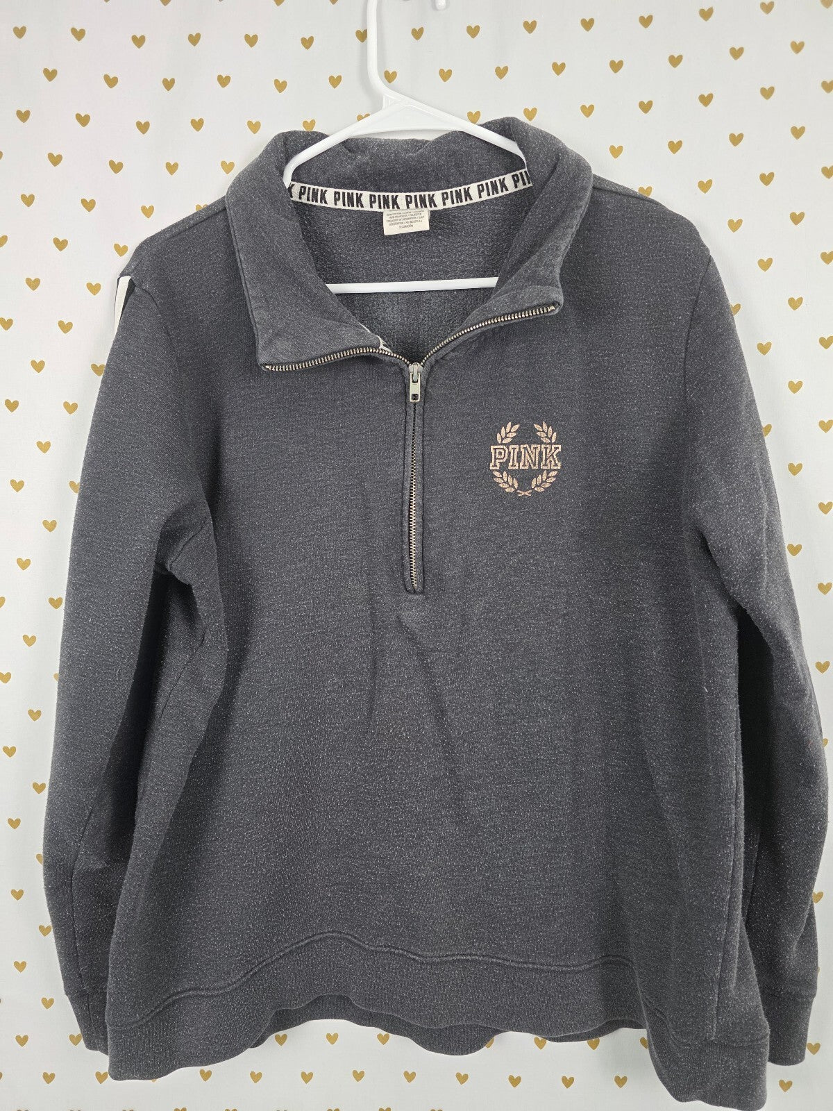 Victorias Secret Pink Leopard Cheetah Sequined Bling Quarter Zip Sweater Grey L