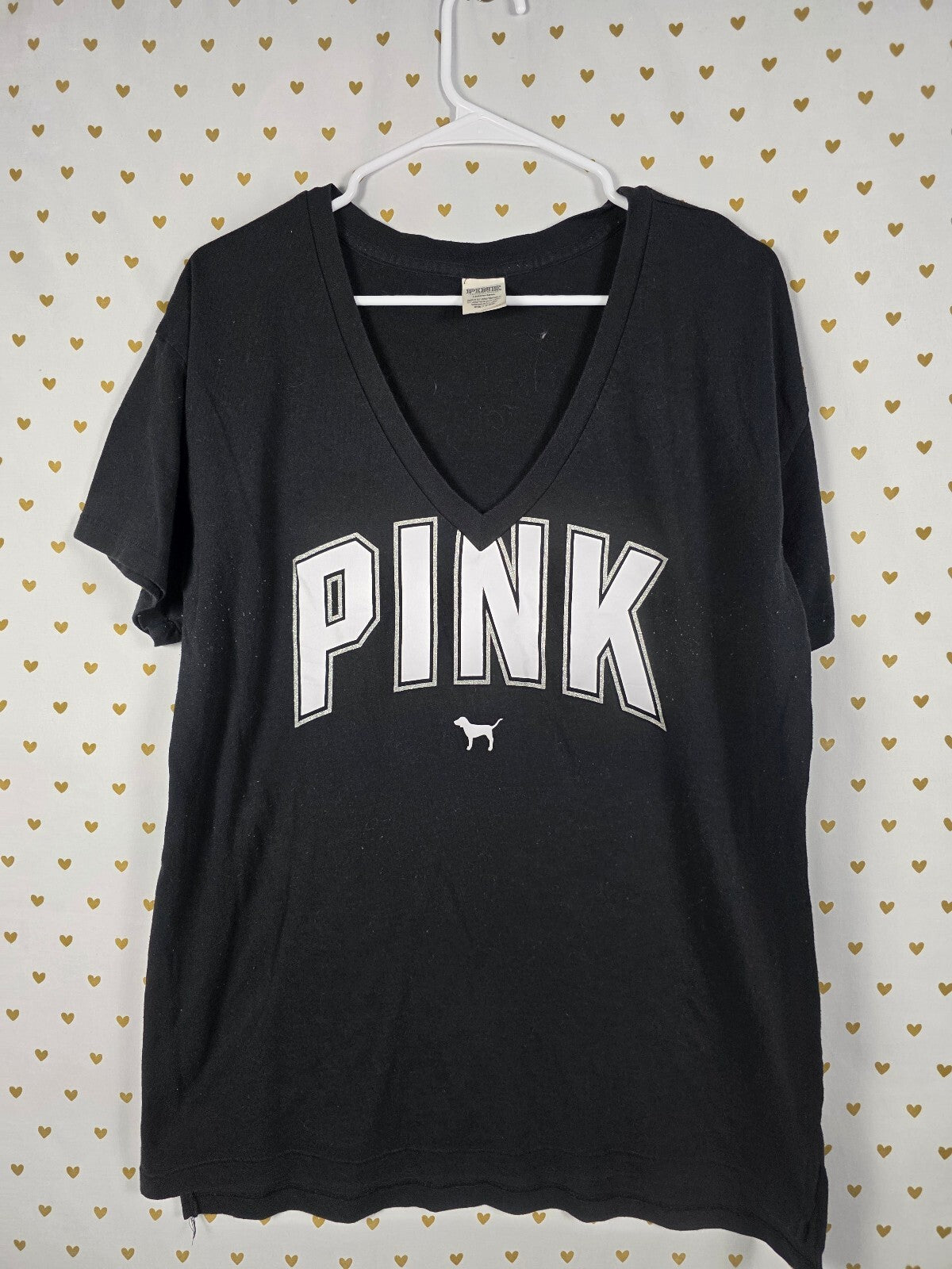 Victorias Secret PINK Glitter Logo V neck Black tee shirt LARGE