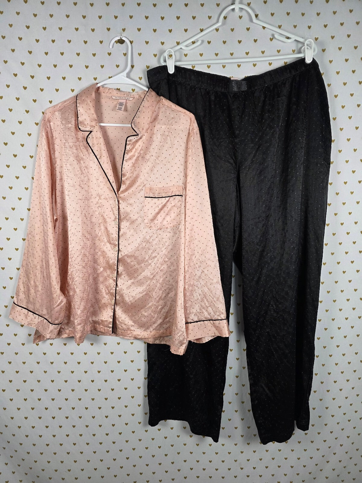 Victorias Secret Sleep SET 2pc Outfit Pajama Polka Dot Satin Shirt Pants XL XXL