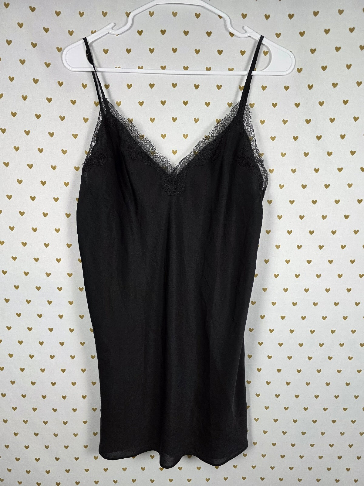 Victorias Secret Black Satin Slip Dress Medium Lace Accent Nightie