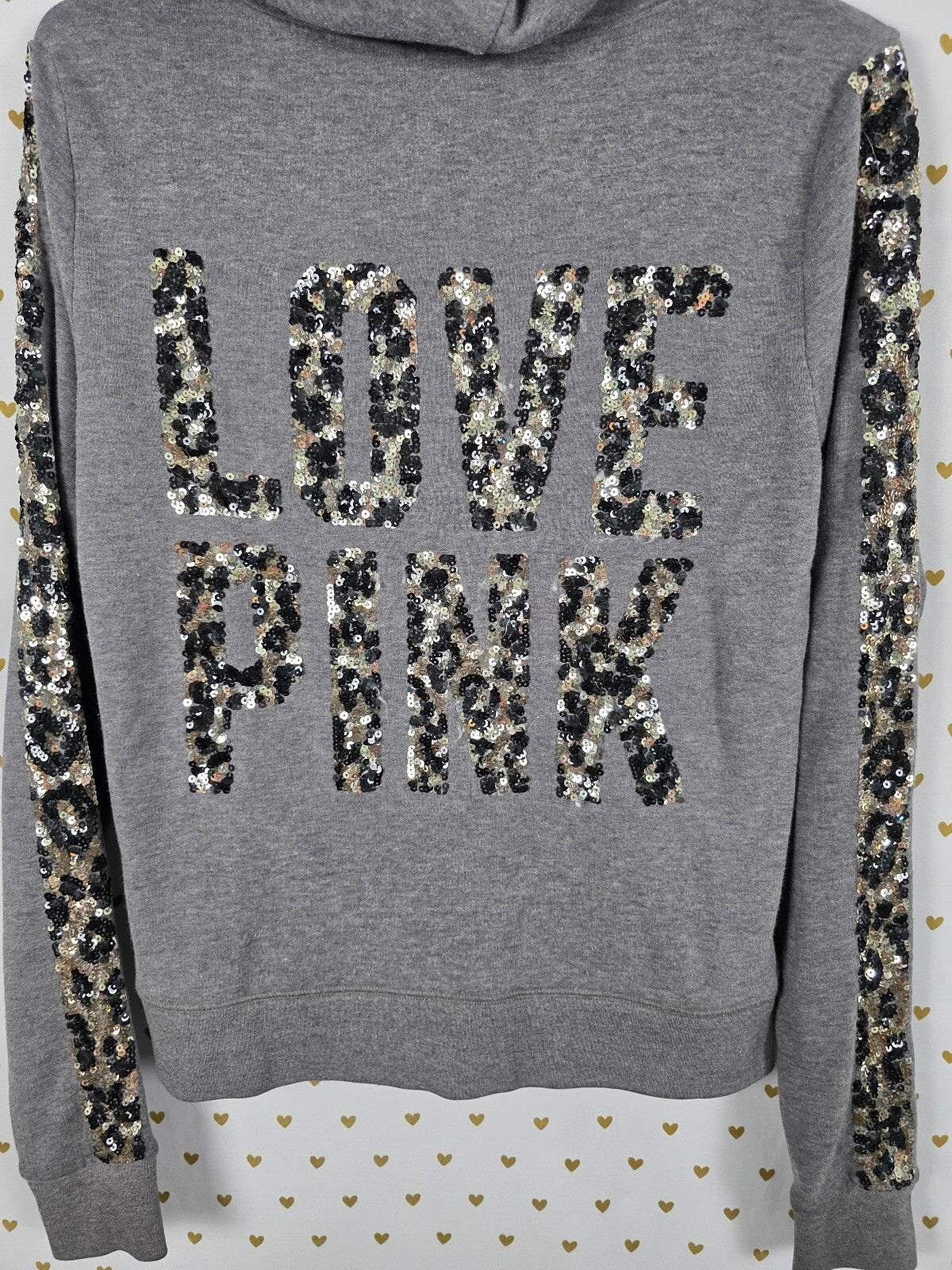 PINK Victoria's Secret Sequin Leopard Sleeve Zip Hoodie LOVE PINK Gray Small
