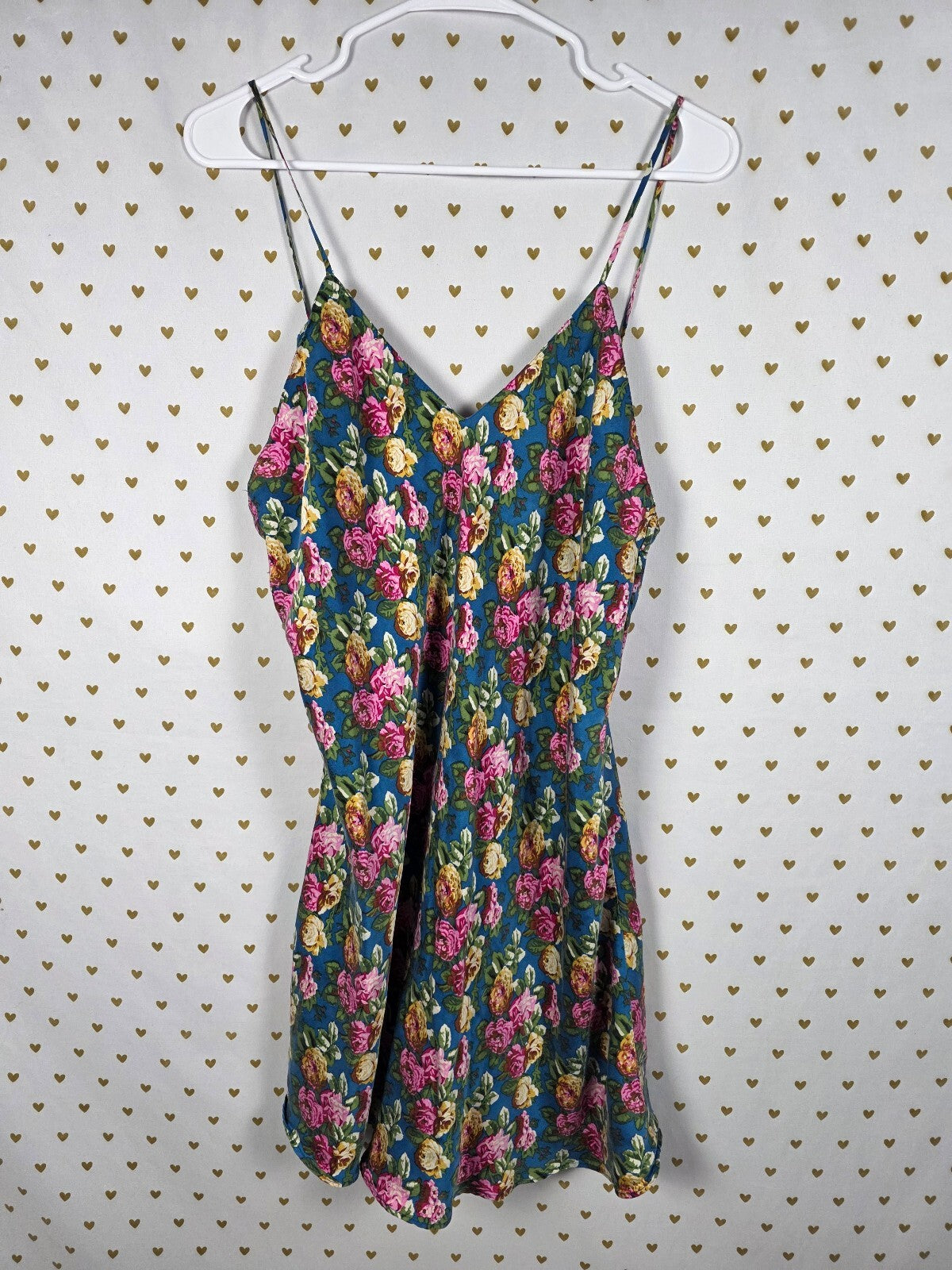 Vintage Victoria's Secret Gold Label 100% Silk Floral Slip Dress L Blue Pink