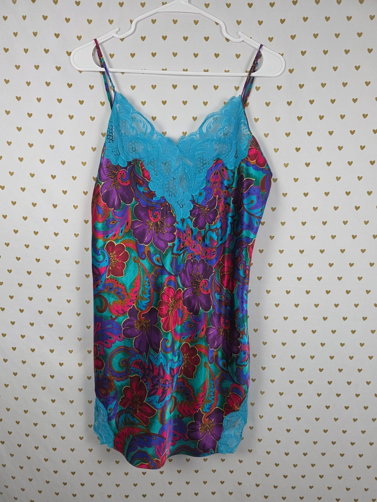 Vintage Victoria's Secret Satin Chemise L Floral Paisley Turquoise Lace 90s