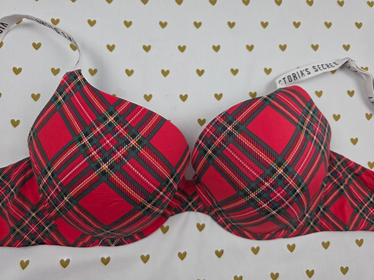 Victorias Secret Logo Strap Plaid T Shirt Push Up Bra Red Full Coverage 36D