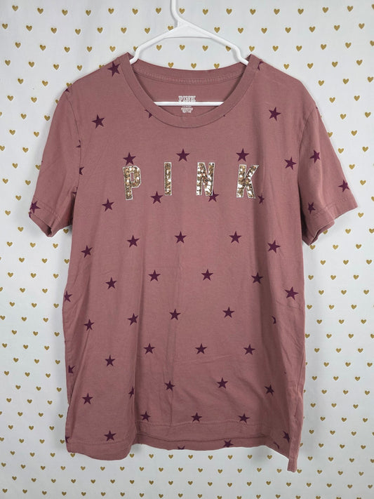 Victorias Secret PINK Star BLING Gold Sequined Large Tee shirt