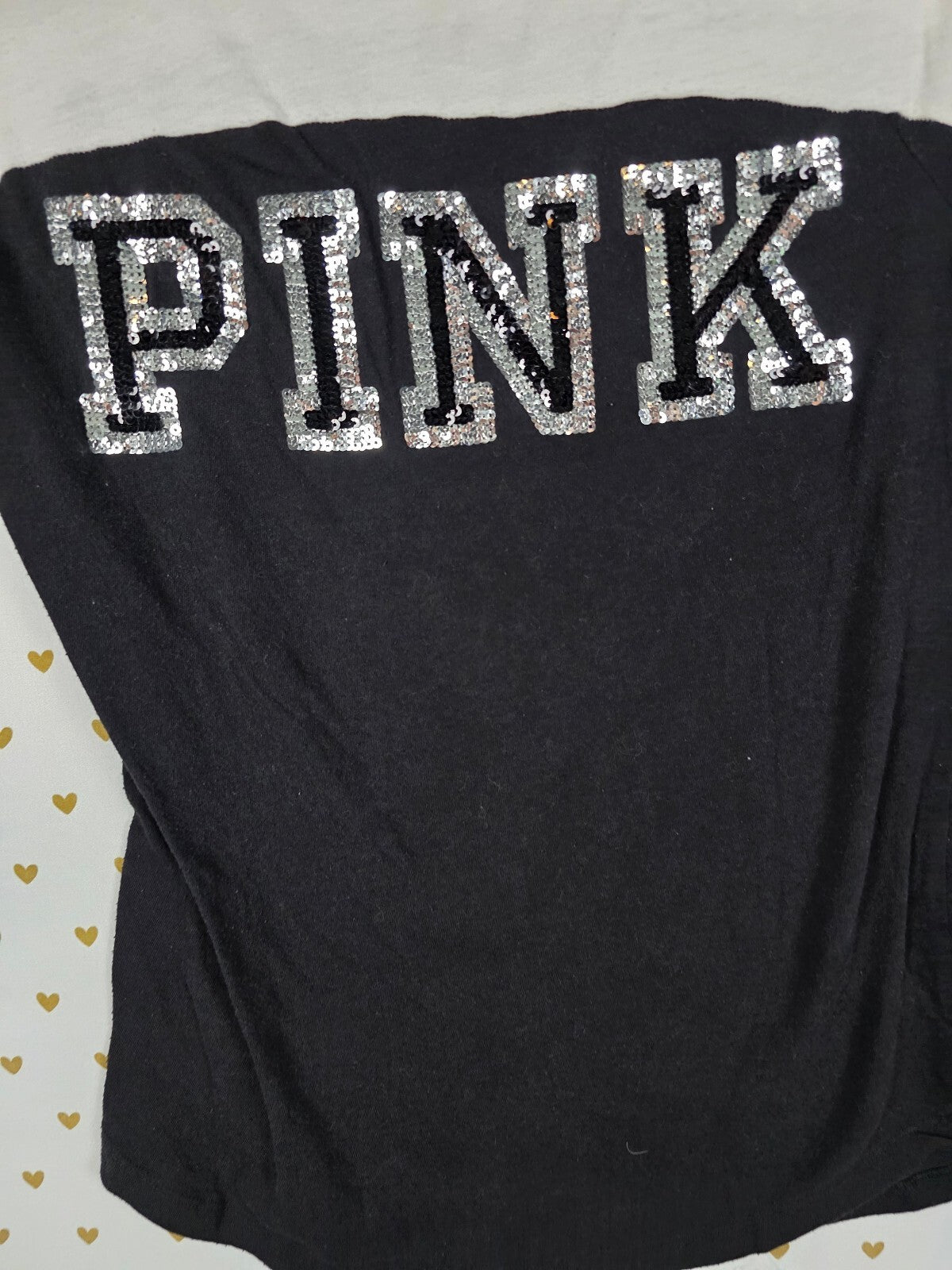 Victorias Secret PINK Black Colorblock BLING Sequined Tee Shirt XS