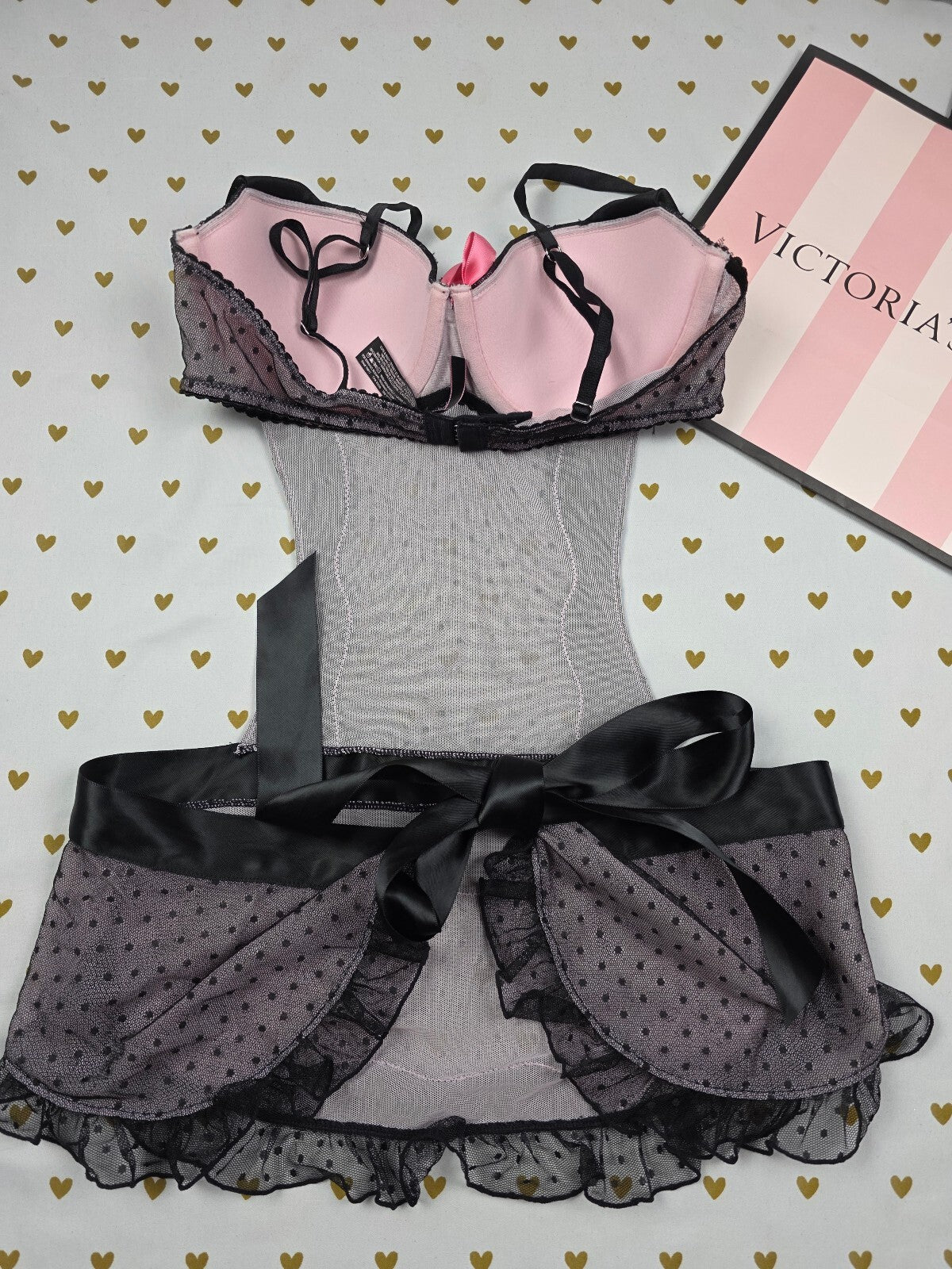 Victorias Secret SEXY LITTLE THINGS 34B French Maid Lingerie Outfit Tie back