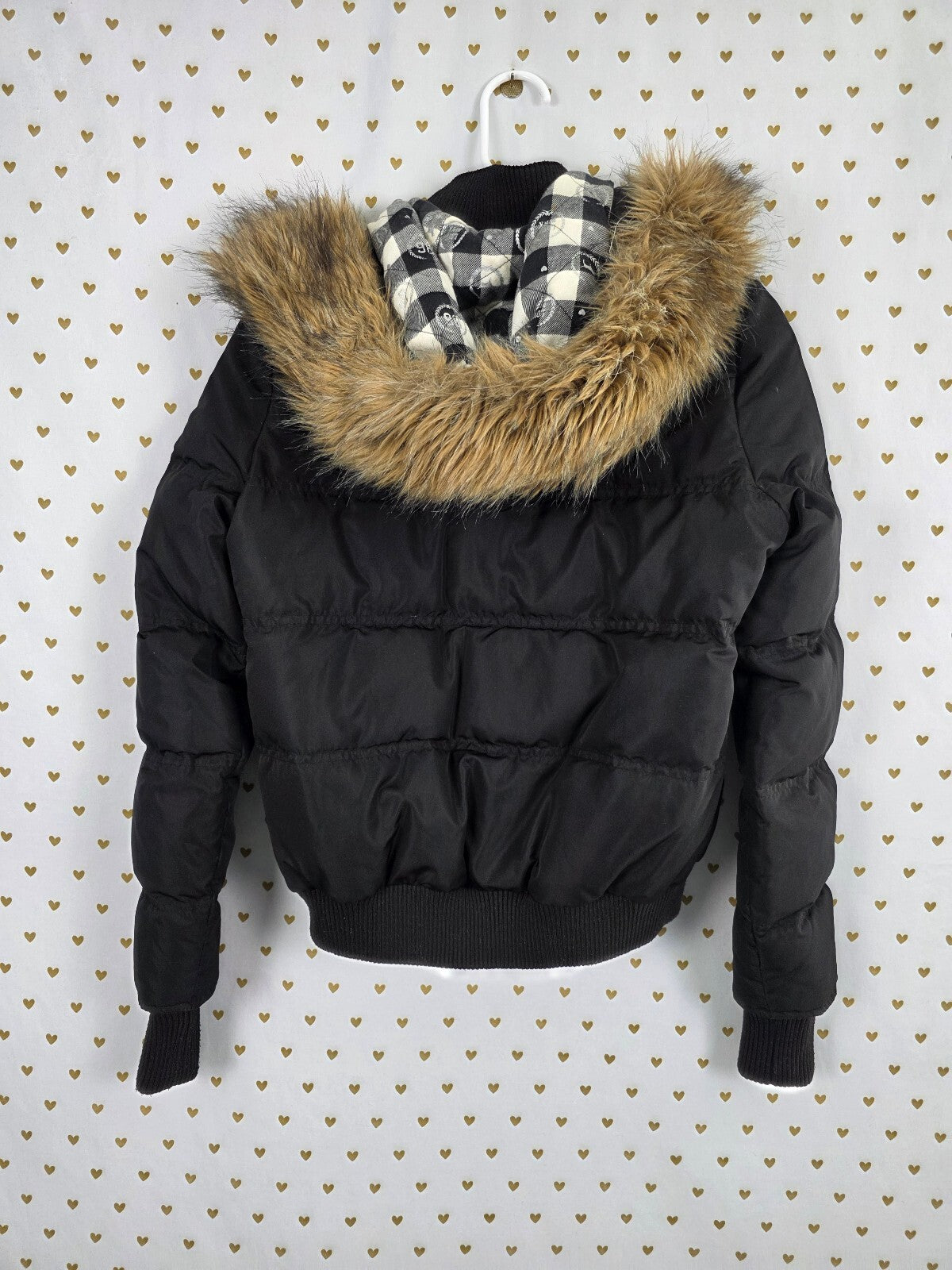 VS PINK 1986 Puffer Jacket S Black Faux Fur Hood Plaid Lined Y2K Coat Parka VTG