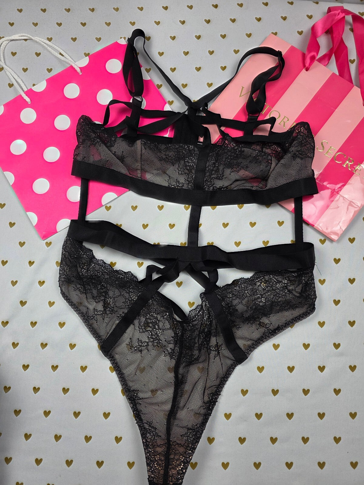 Victorias Secret Black Sexy Strappy Caged teddy Bodysuit Lingerie XL Thong
