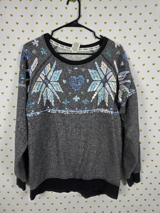 PINK Victoria's Secret Gray Sequin Snowflake Crewneck Sweatshirt XS BLING