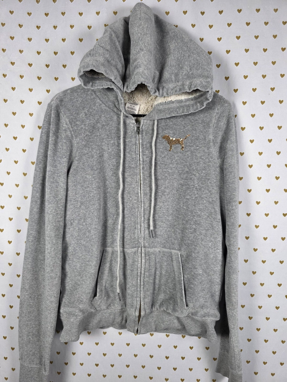 Victorias Secret Pink Vintage Y2k BLING gold Velour Hoodie Jacket FUR LINED Med