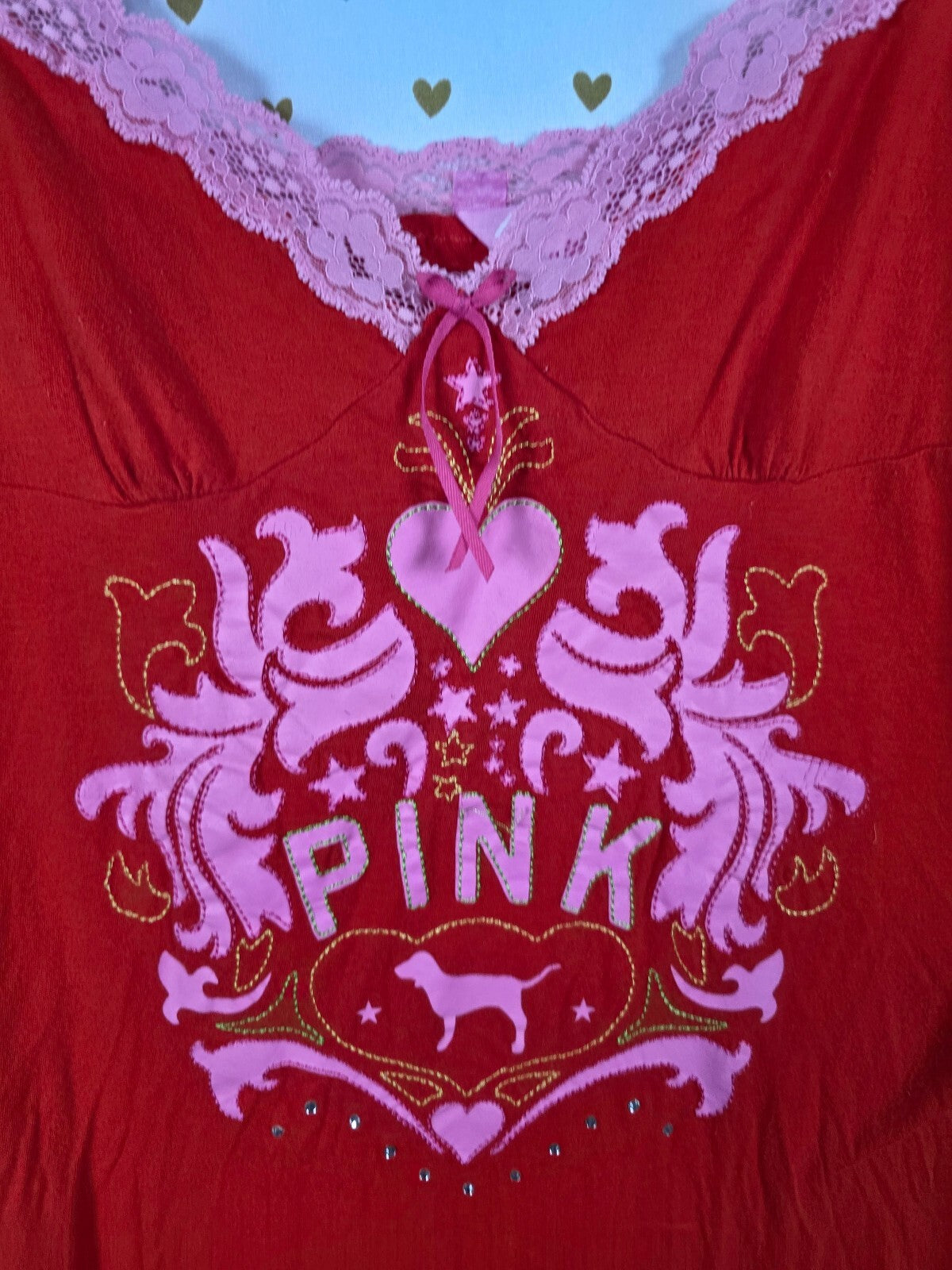 Vintage 2005 Victoria's Secret PINK M/L Red Lace Dog Tank Slip Dress Y2K Cotton