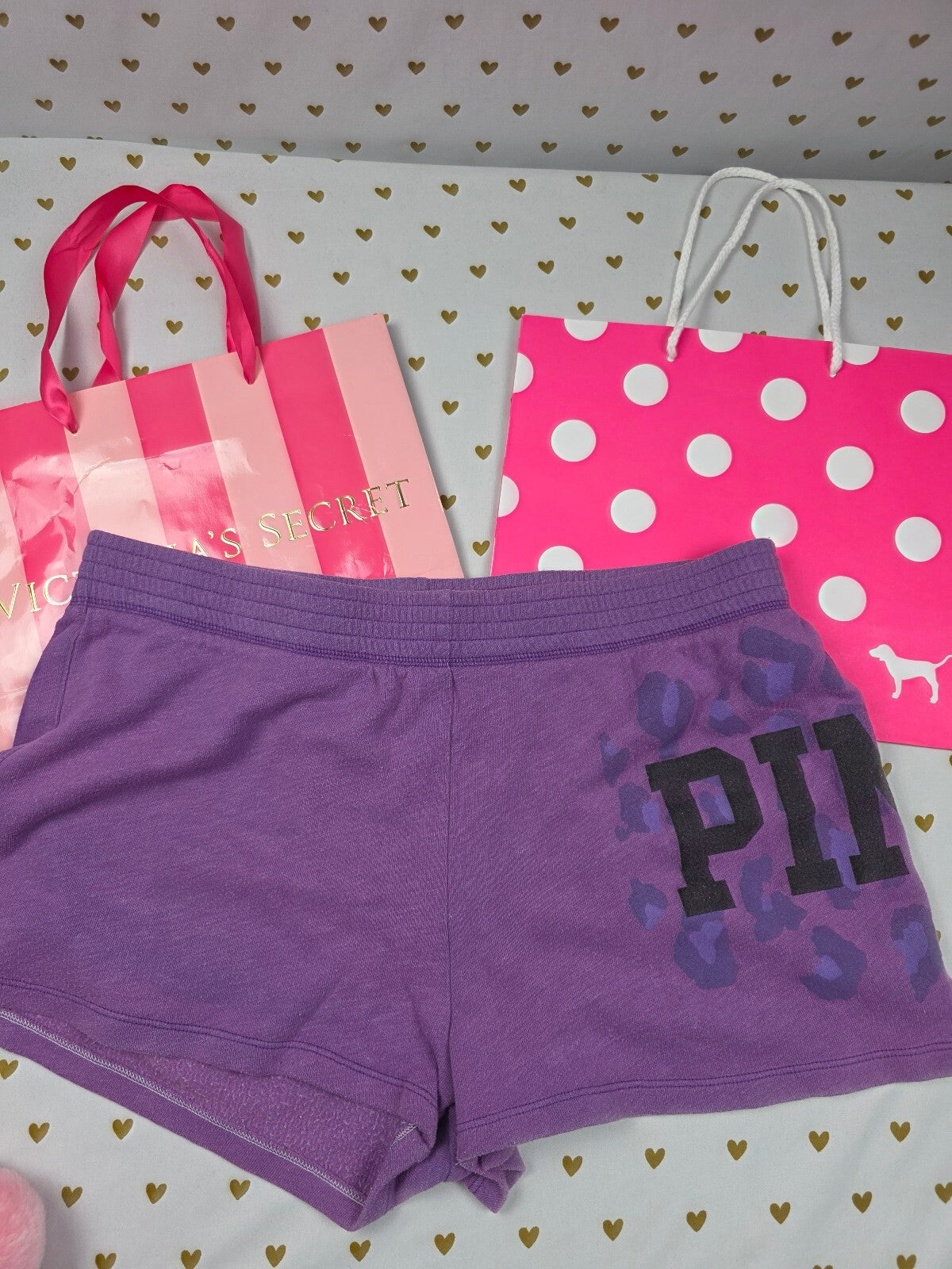 Vintage 2011 Victoria's Secret PINK Purple Leopard Logo Fleece Shorts M