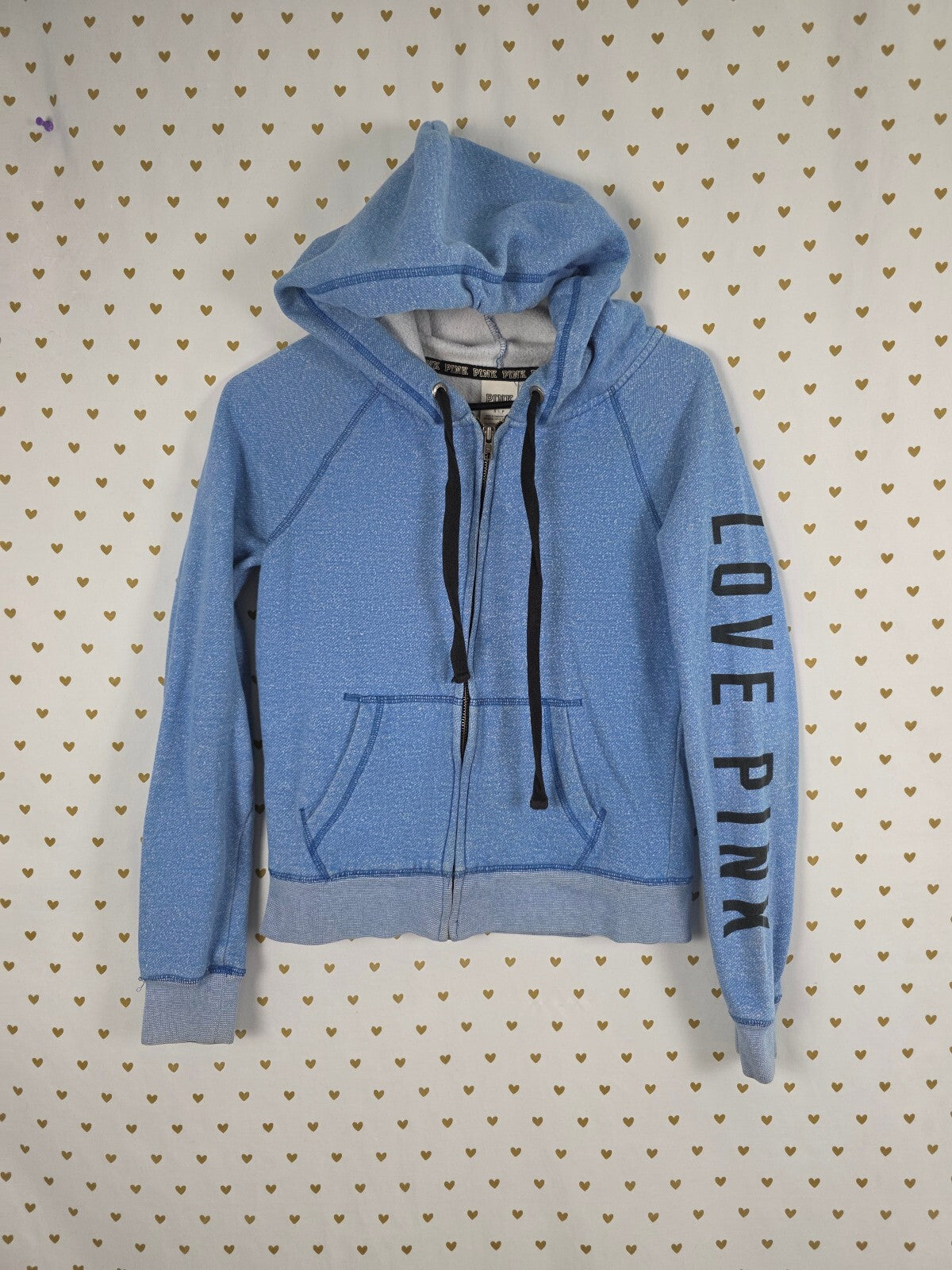 Victorias Secret Pink Vintage Heart Love Blue Full Zip Hoodie Jacket Small