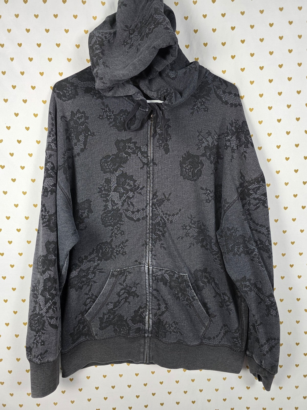 PINK Victoria's Secret Gray Lace Floral Zip Hoodie Jacket LOVE PINK Graphic M