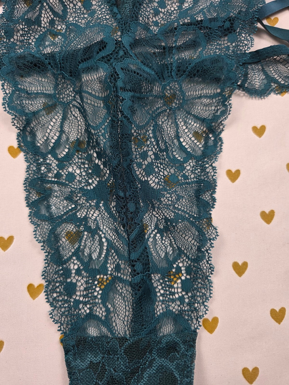 Victoria's Secret Teal Floral Lace Teddy Bodysuit XL Satin Tie Thong