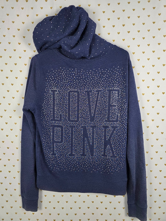 Victorias Secret Pink Bling Rhinestone Logo Full zip hoodie jacket Blue Medium