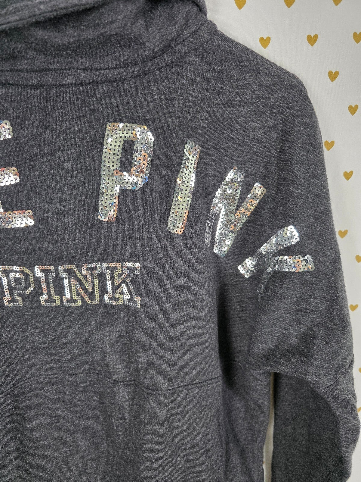 Victoria's Secret PINK Love Sequin Dog Pullover Sweatshirt Gray Y2K xs Oversized