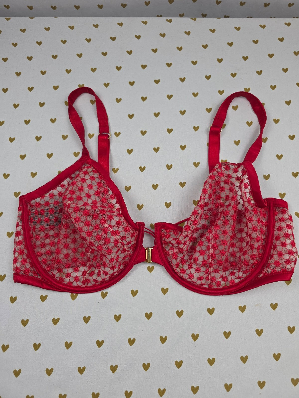 Victorias Secret Sheer Red Front Close Unlined Demi Balconette Bra 38DDD