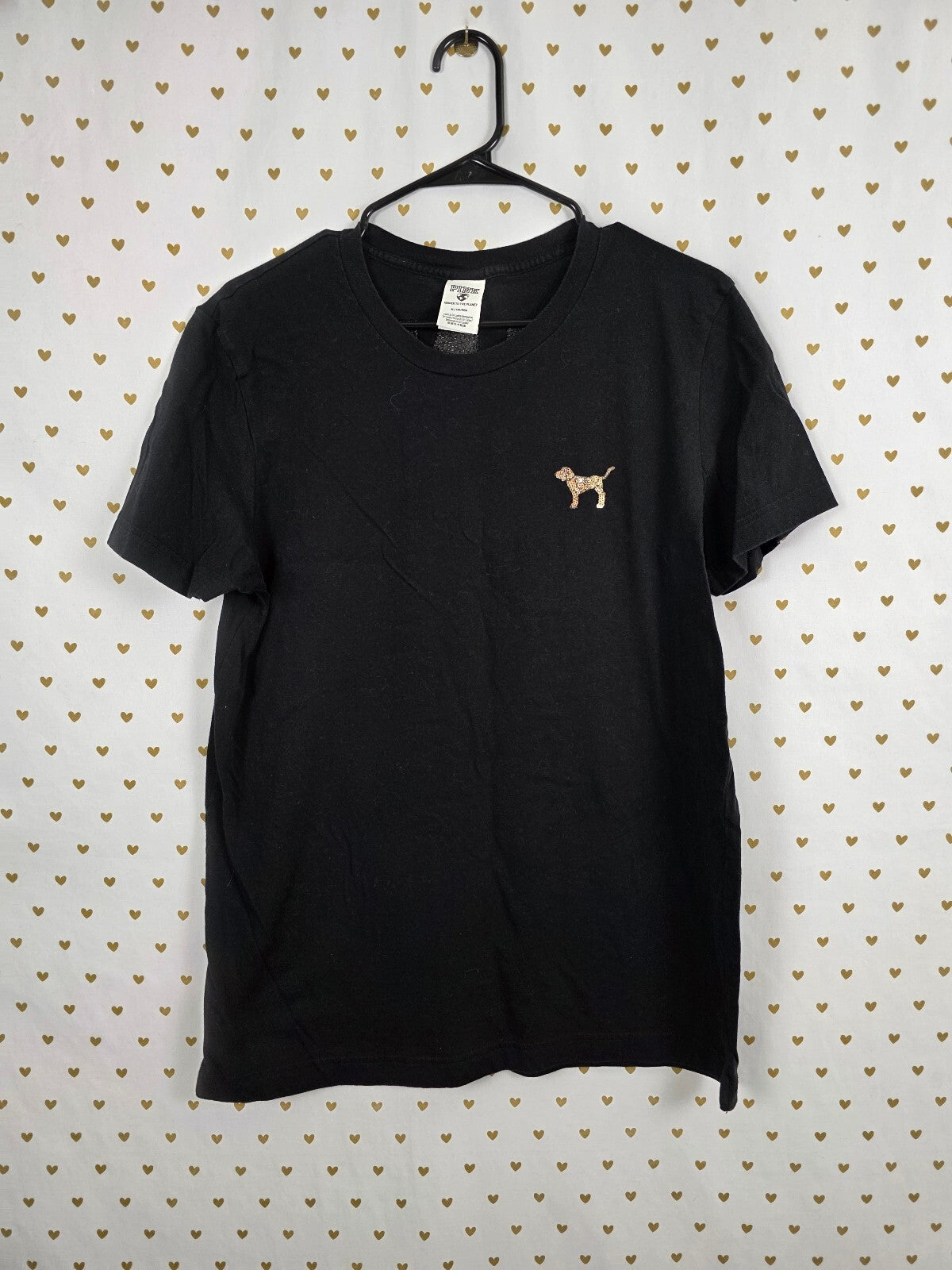 Victorias Secret PINK Gold Bling sequined Crest Black tee shirt Medium