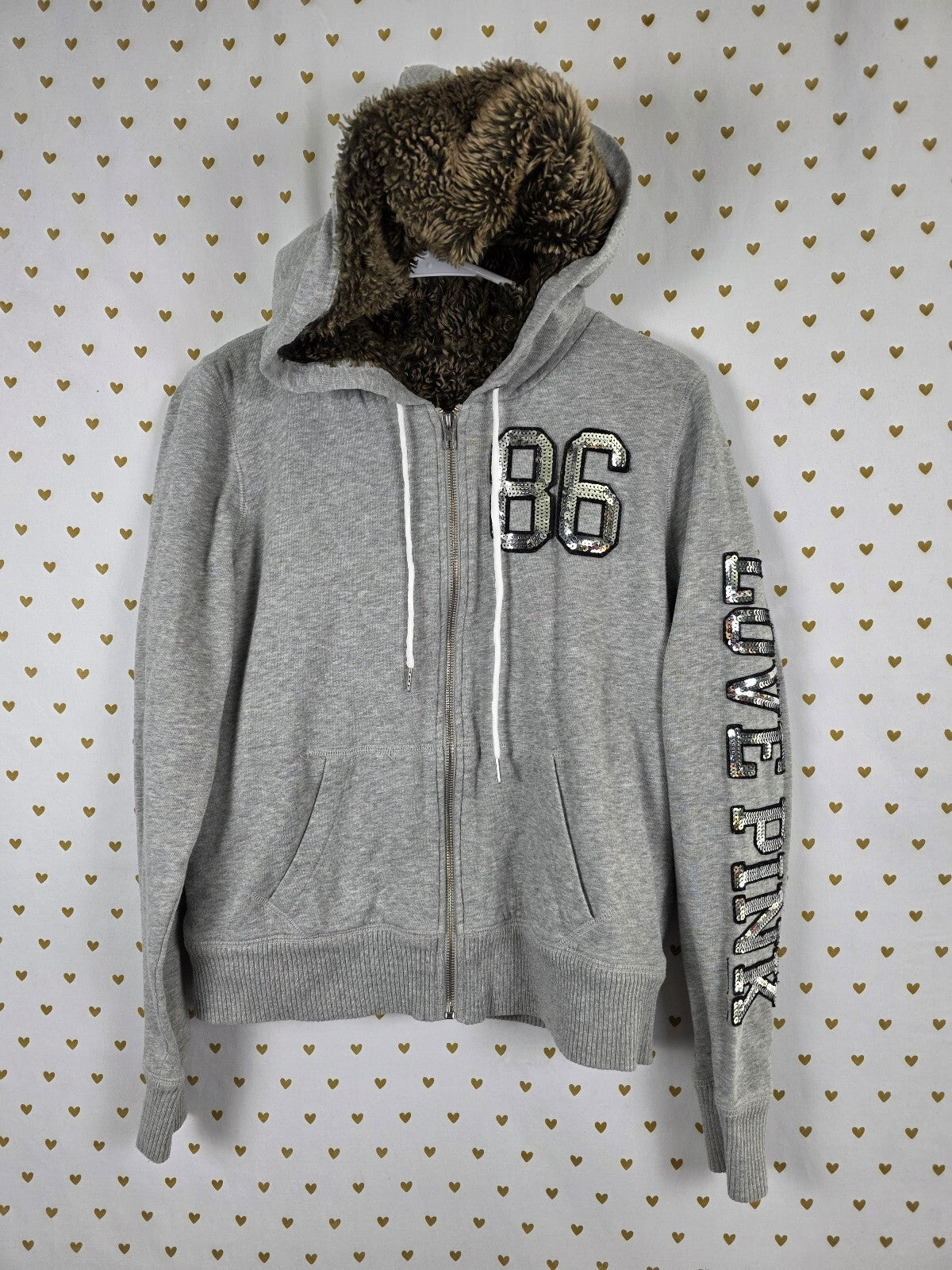 Victorias Secret Pink Fur LIned Bling Full zip Hoodie Jacket LOVE Sequined Med