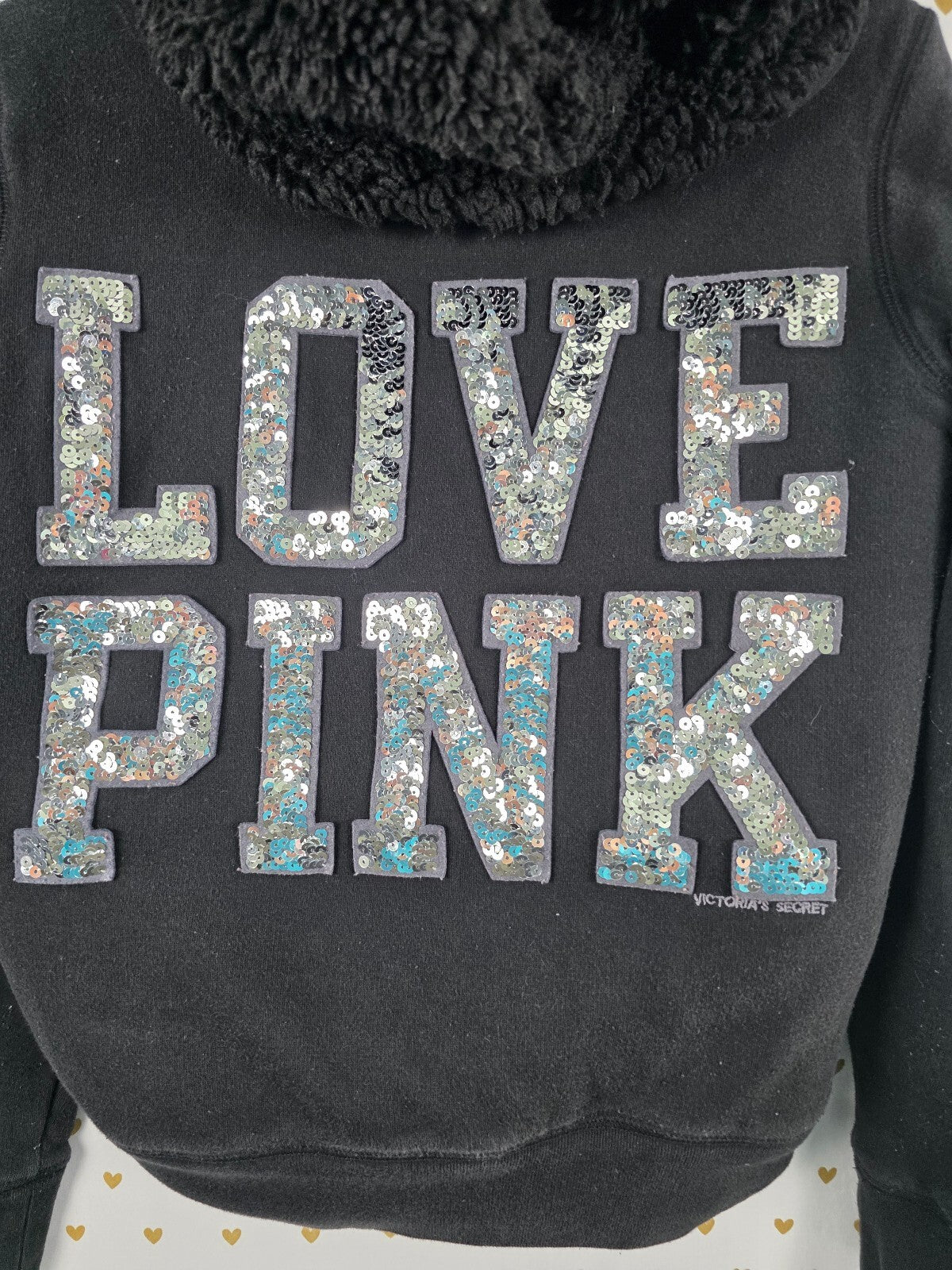 Victorias Secret Pink Fur lIned Bling Sequined Hoodie Jacket Black Silver XS