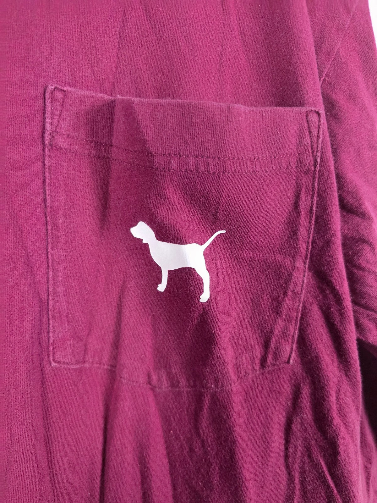 Victorias Secret PINK Maroon Dog Logo Pocket Tee shirt Long Sleeve LARGE