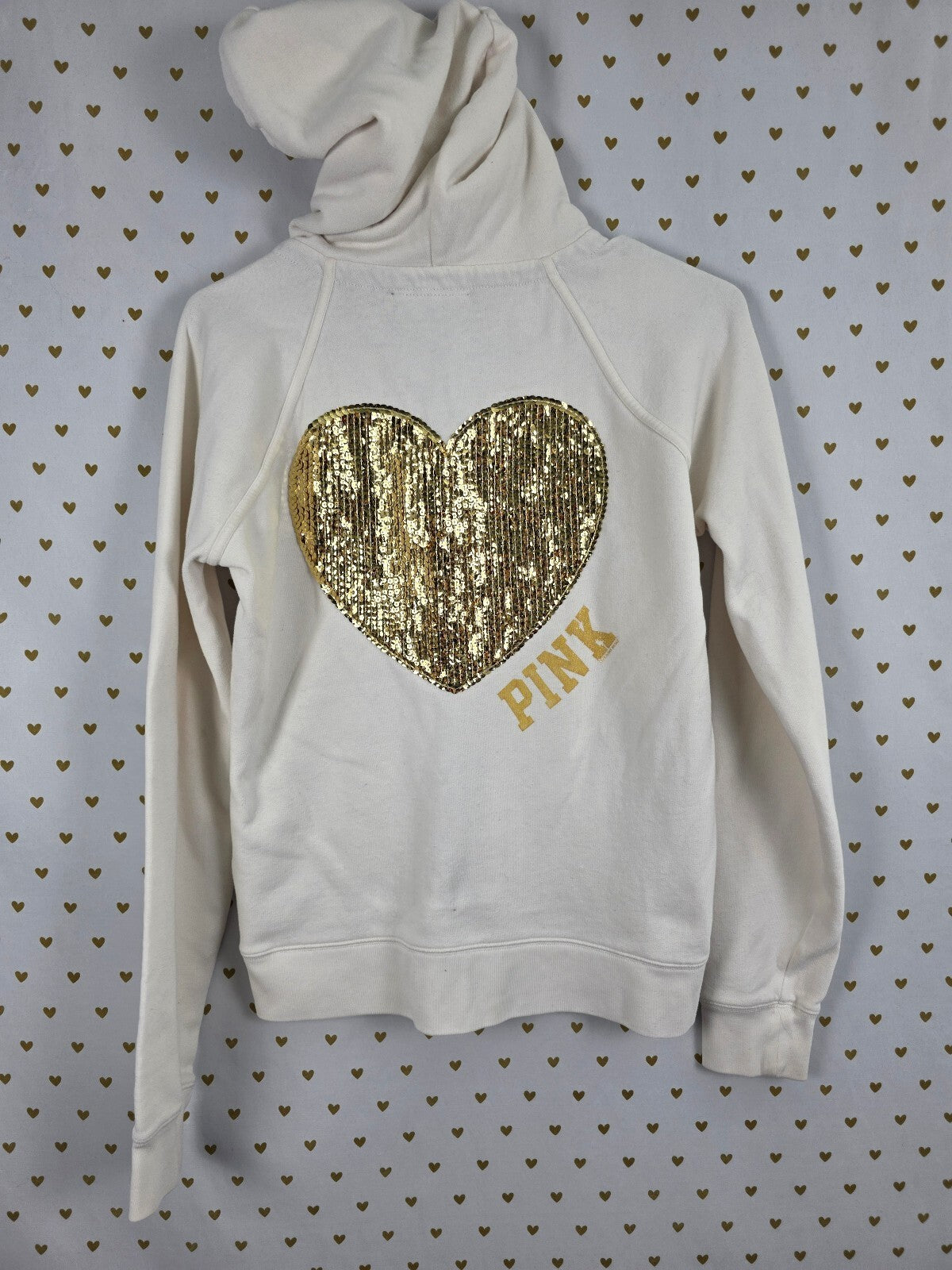 Victorias Secret Pink Vintage thermal Heart Bling gold sequined Full zip hoodie