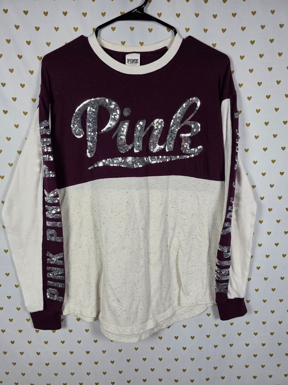 Victorias Secret PINK BLING Sequined Colorblock Long Sleeve Tee shirt SMALL