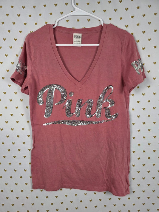 Victorias Secret PINK V neck sequined Tee shirt Silver Large