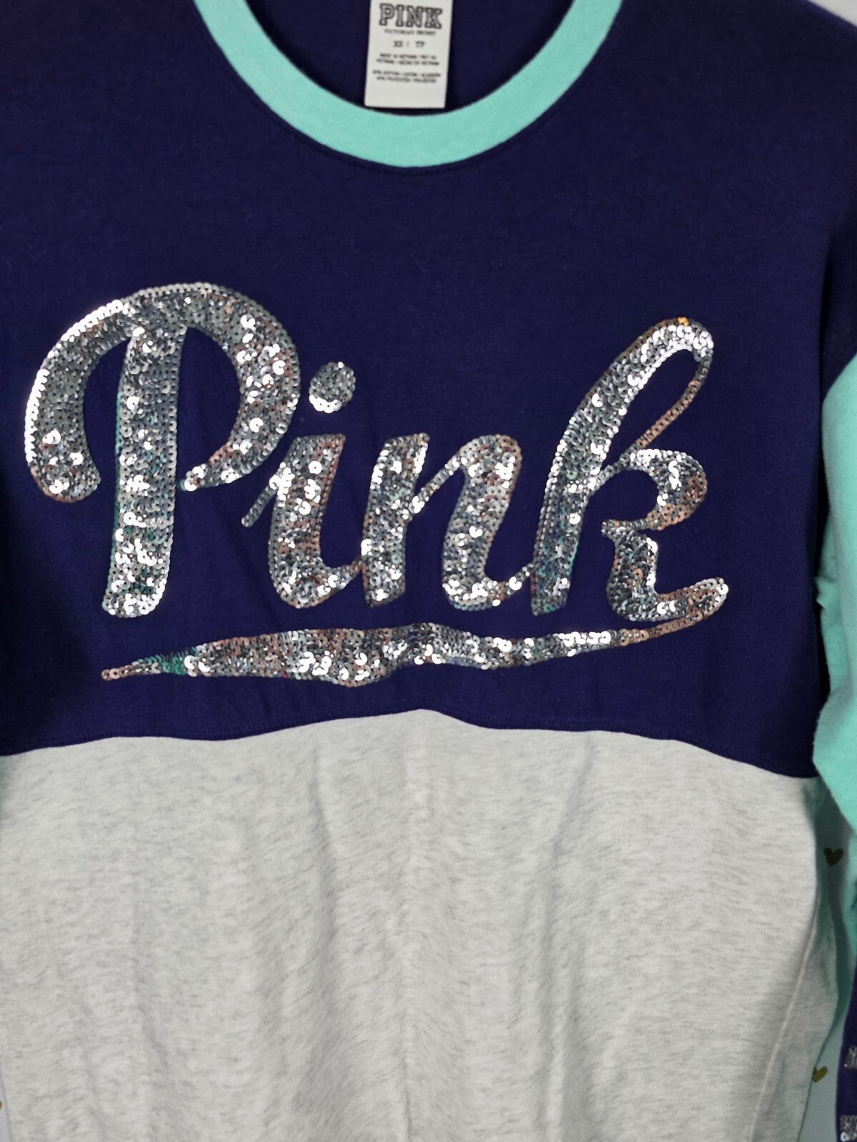 Victorias Secret PINK Bling Silver sequin Logo Long Sleeve Tee shirt Colorblock