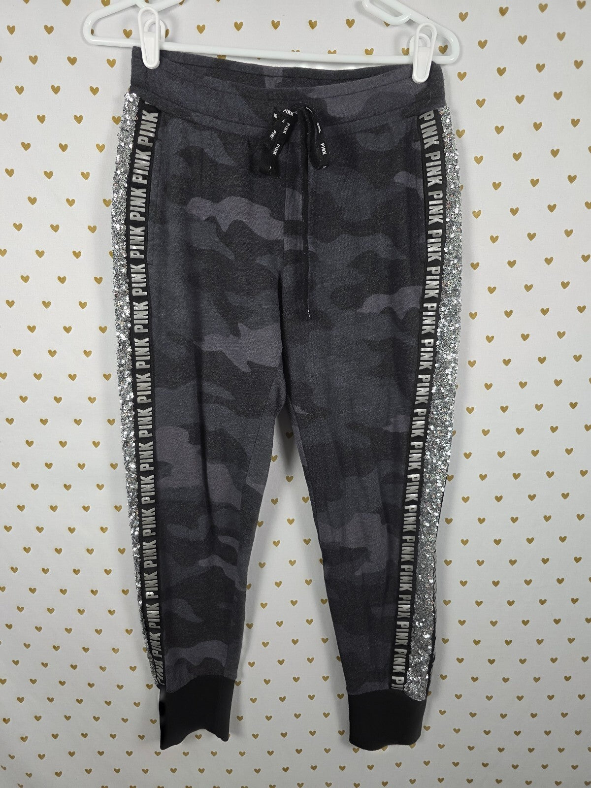 Victorias Secret PINK Camo Bling Camouflage Sequin Sweats Sweatpants SMALL