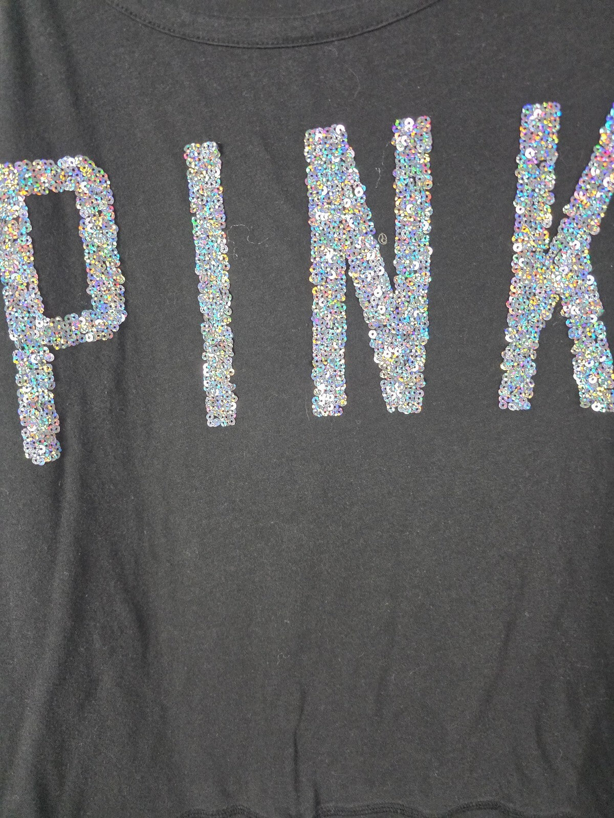 Victorias Secret PINK BLING Sequined Raglan Long Sleeve Logo Tee Shirt LARGE