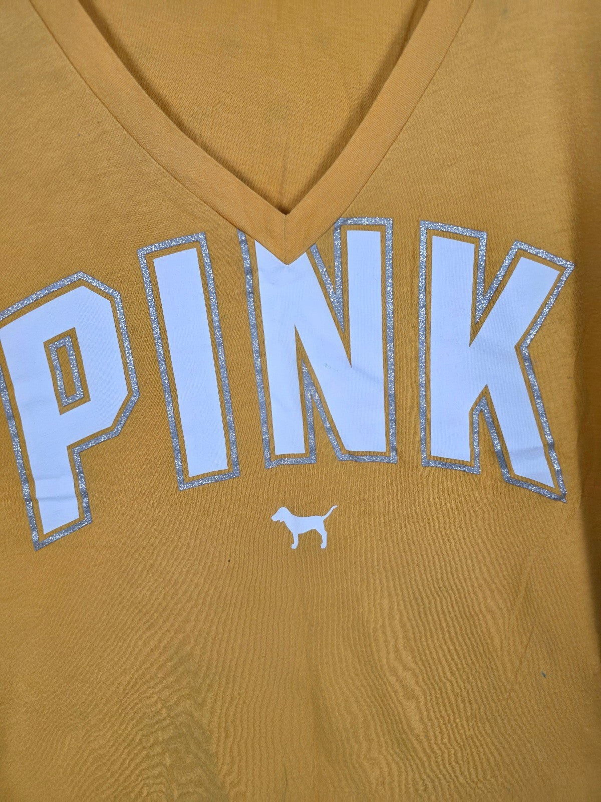 Victorias Secret PINK Yellow Bling Glitter Logo V neck Tee shirt LARGE