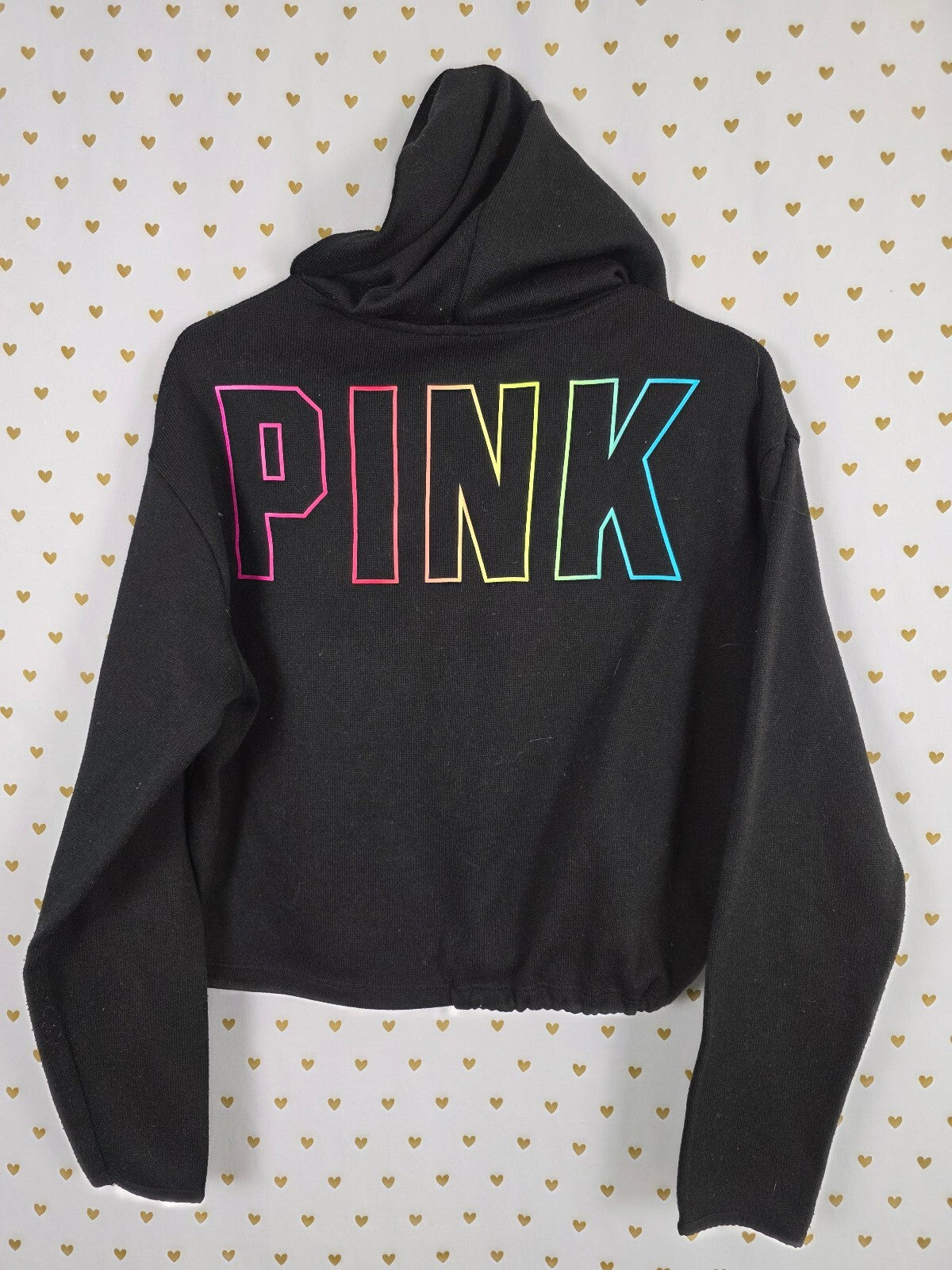 Victorias Secret Pink Rainbow gradient Logo Hooded Sweater Shirt Cropped XS
