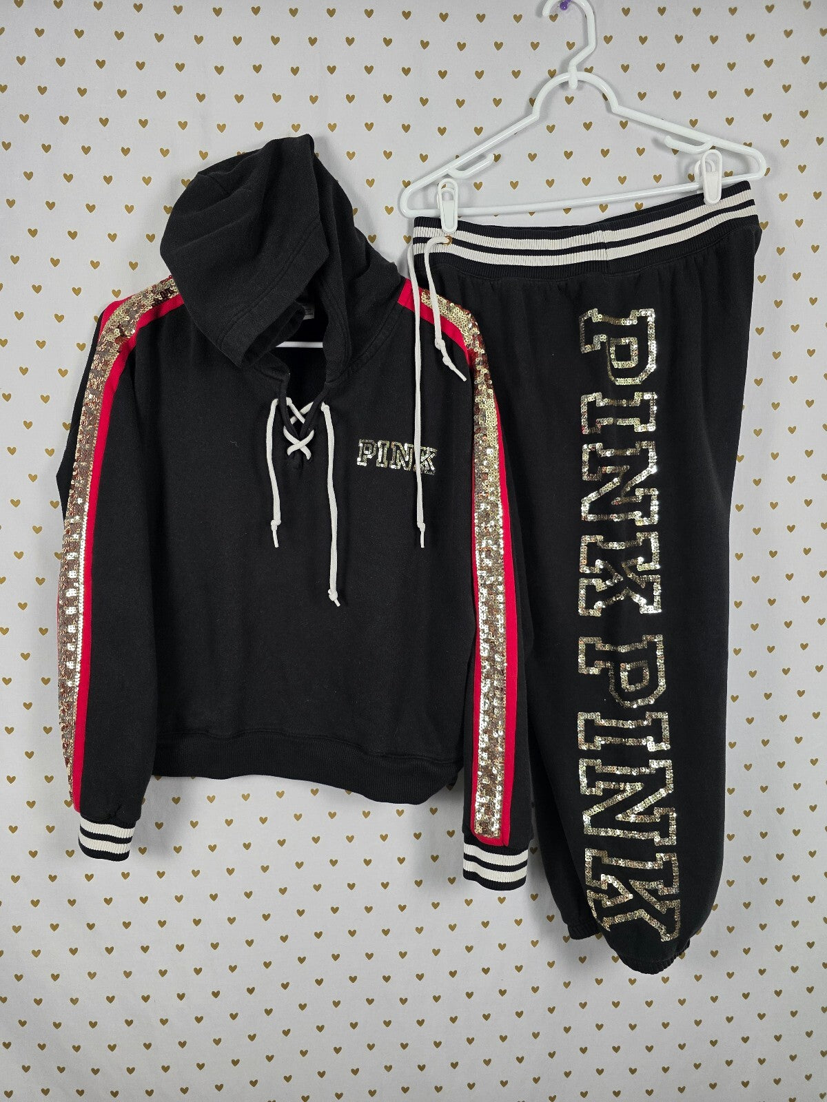 Victorias Secret Pink HTF ROSE BLING SET Sweatpants Hoodie Sweater M LARGE