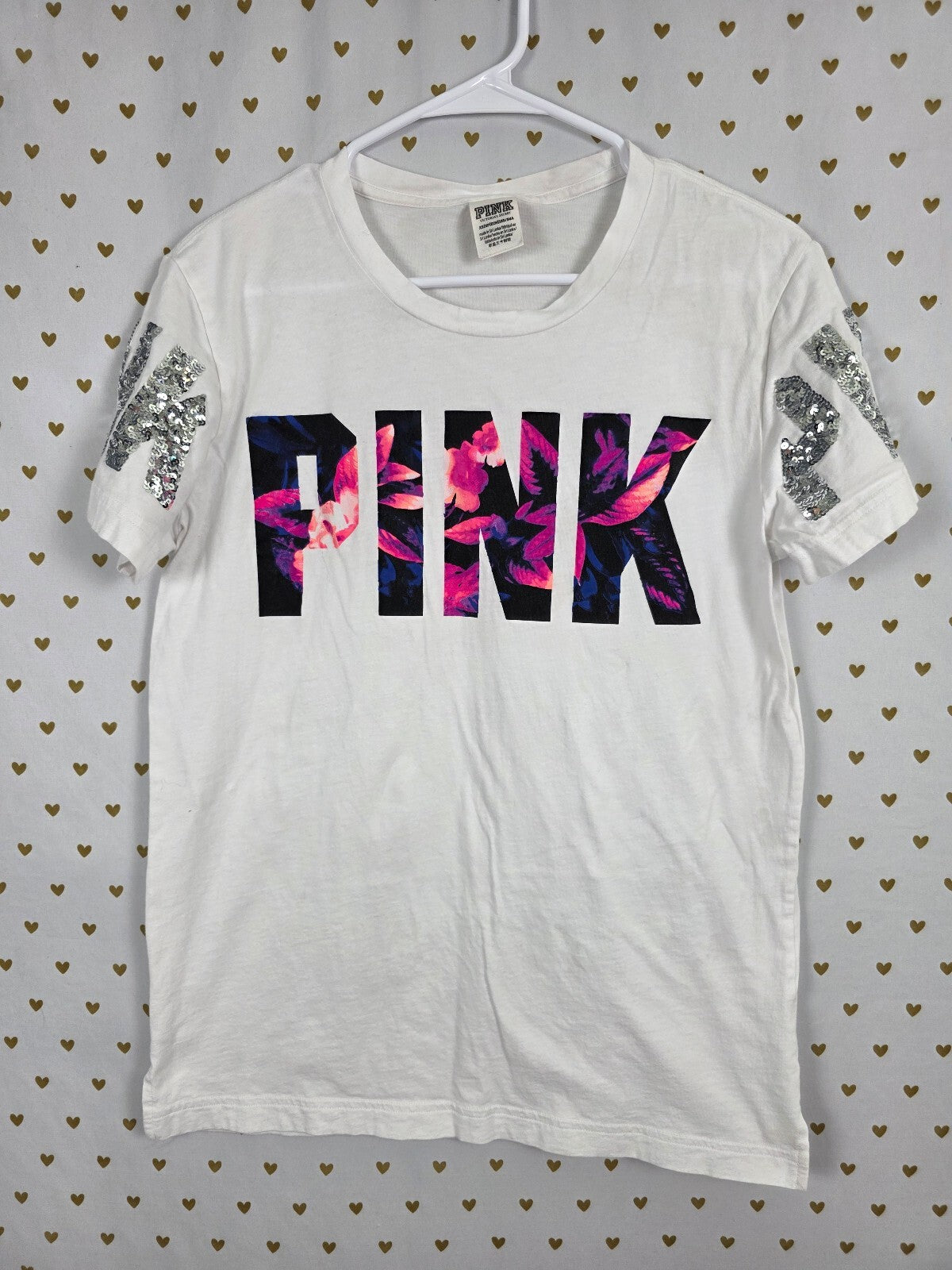 Victorias Secret PINK Floral White Bling tee shirt Sequined XS
