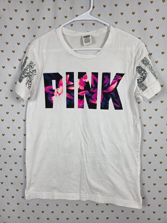 Victorias Secret PINK Floral White Bling tee shirt Sequined XS
