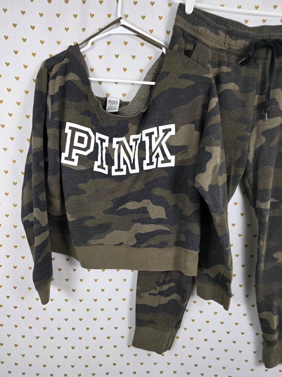 Victorias Secret Pink Camo Camouflage Slouchy Sweater SET Sweats Sweatpants XL L