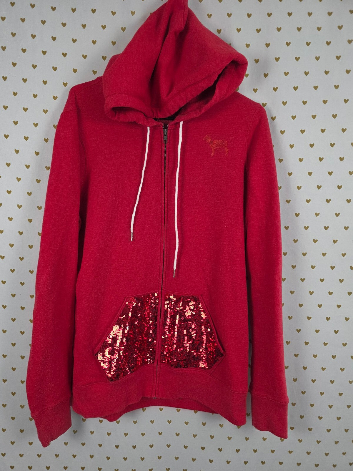 Victorias Secret Pink Red Bling Sequined Full Zip Oversized Hoodie Jacket Large