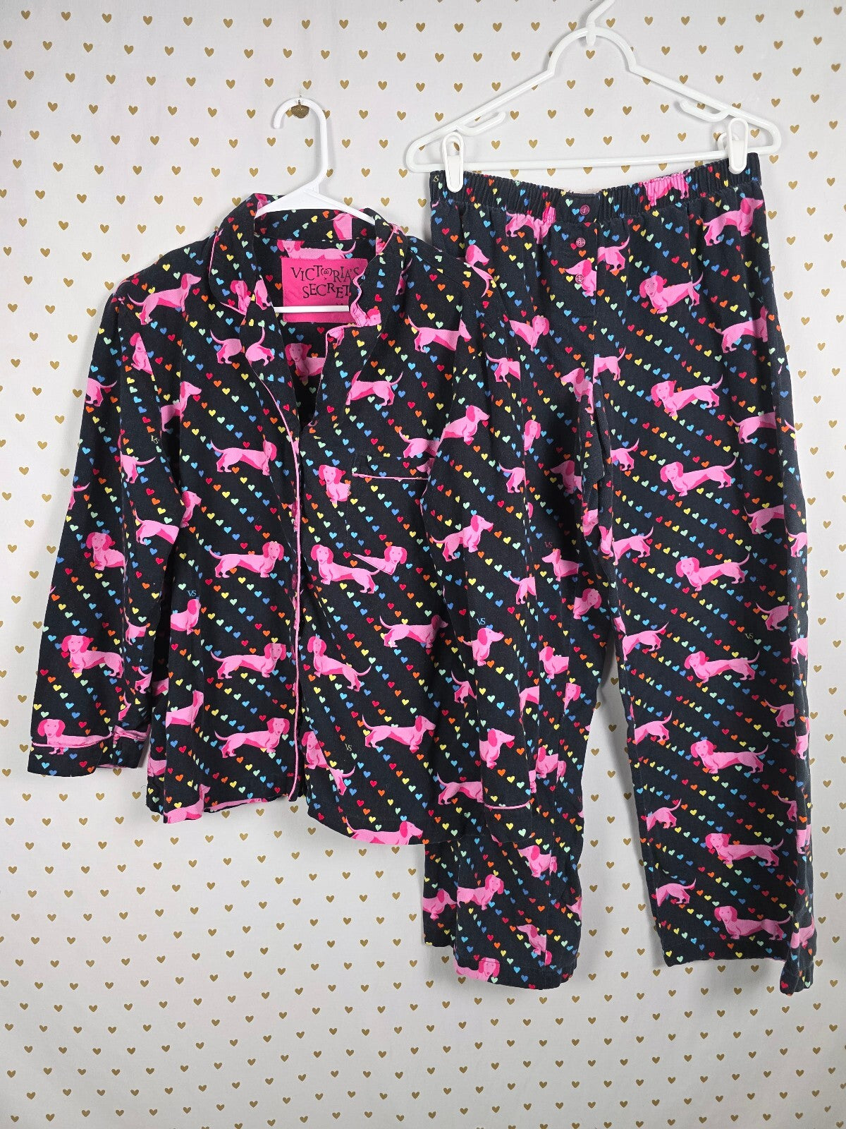 Victoria's Secret Vintage Dachshund Dog Hearts Pajama Set M 100% Cotton RARE