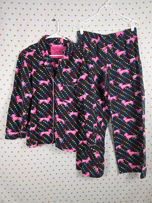 Victoria's Secret Vintage Dachshund Dog Hearts Pajama Set M 100% Cotton RARE