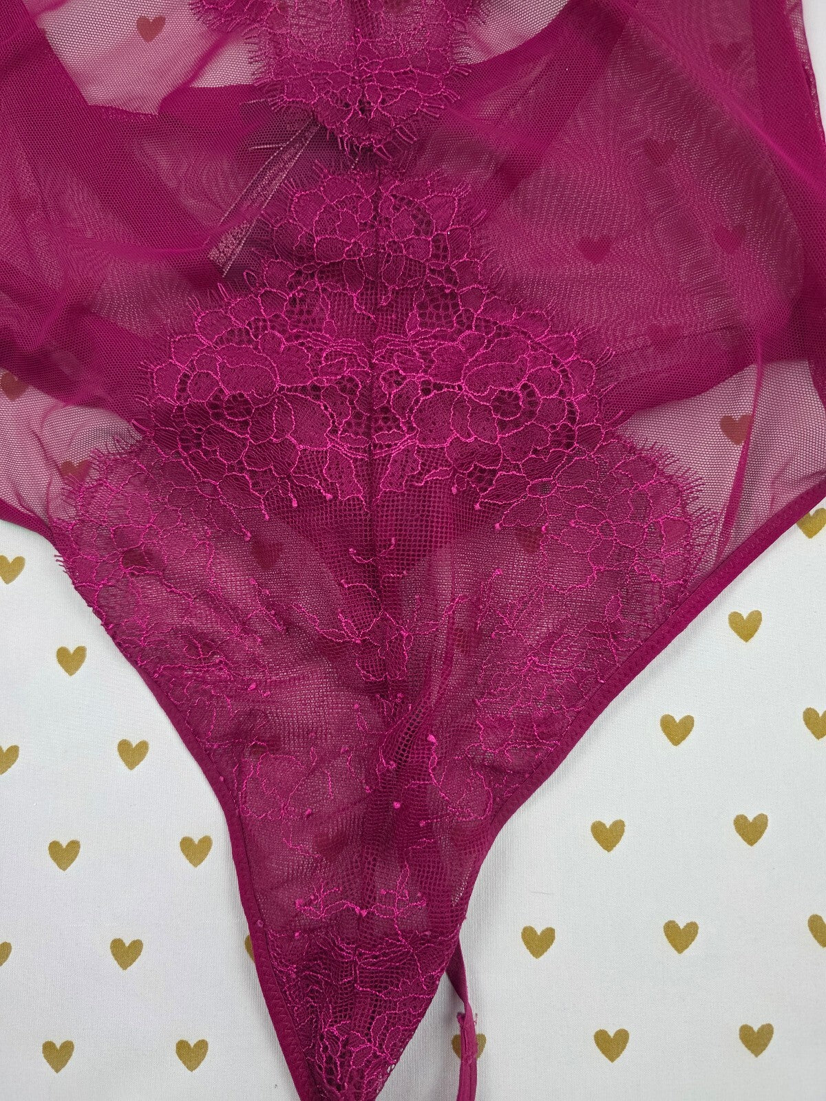 Victorias Secret Sheer Purple V string Teddy Halter Bodysuit Thong Large