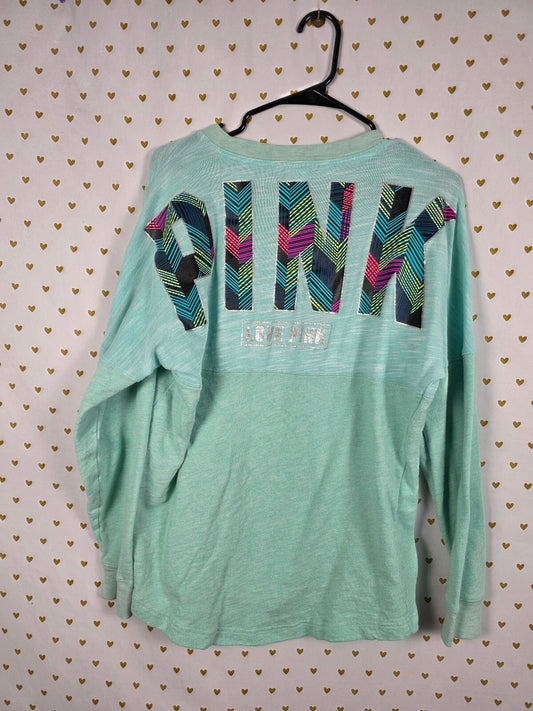 Victorias Secret PINK Oversized Logo Geometric Sweater Shirt Mint MEDIUM
