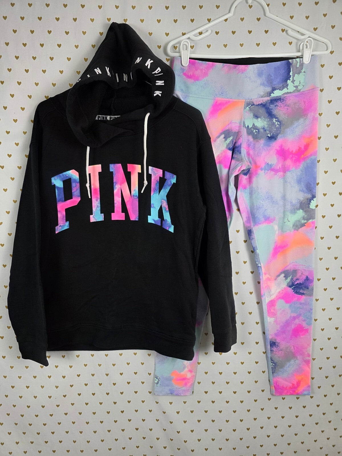 S PINK Watercolor Ultimate Leggings Hoodie Set M Rare Pastel Marble HTF