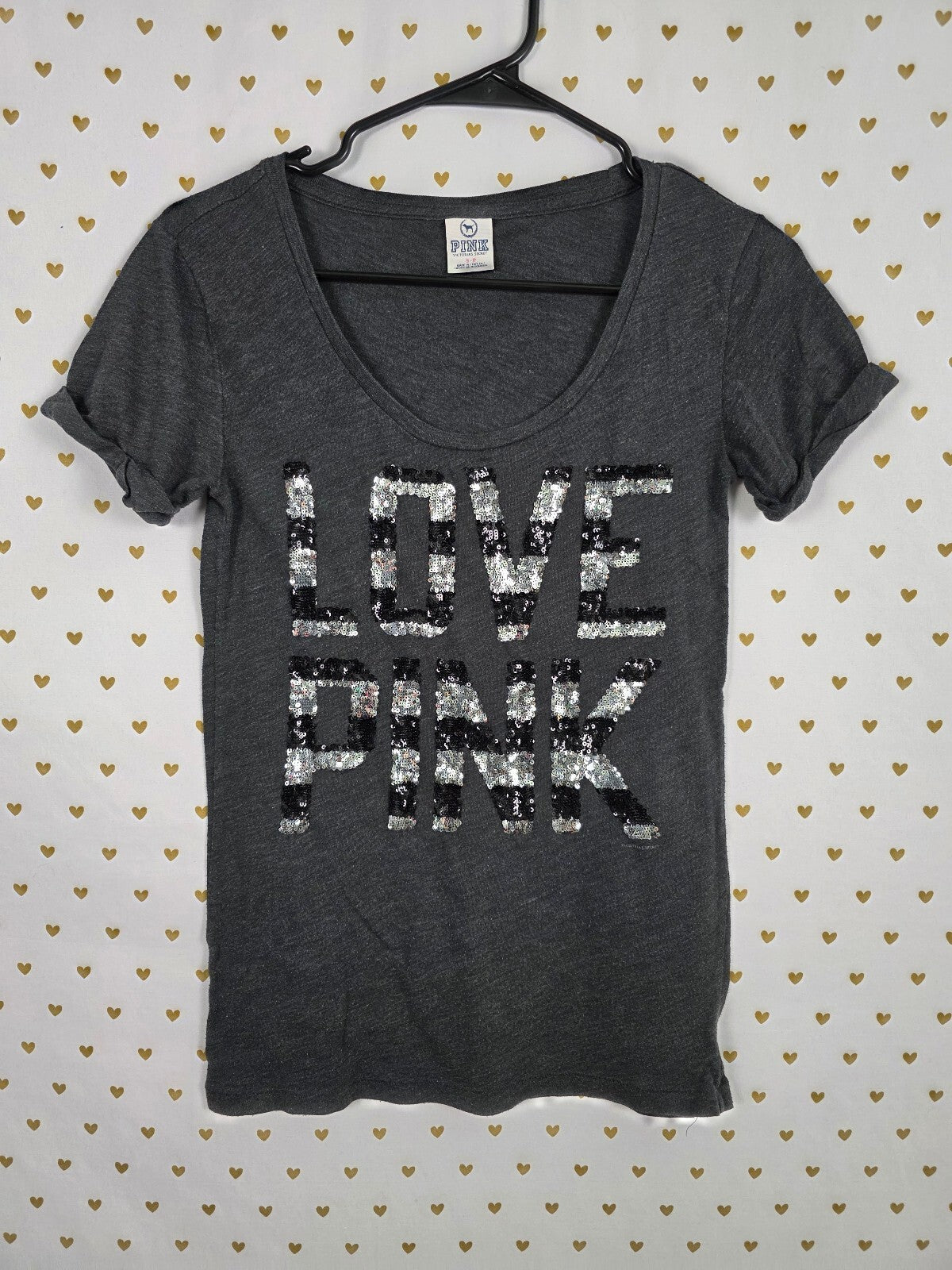Victorias Secret PINK Bling Striped Sequined Tee shirt Grey Vintage y2k Small