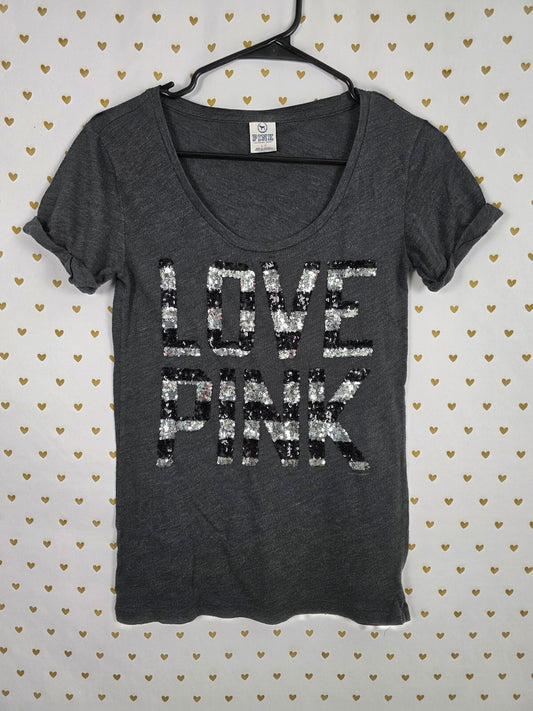 Victorias Secret PINK Bling Striped Sequined Tee shirt Grey Vintage y2k Small