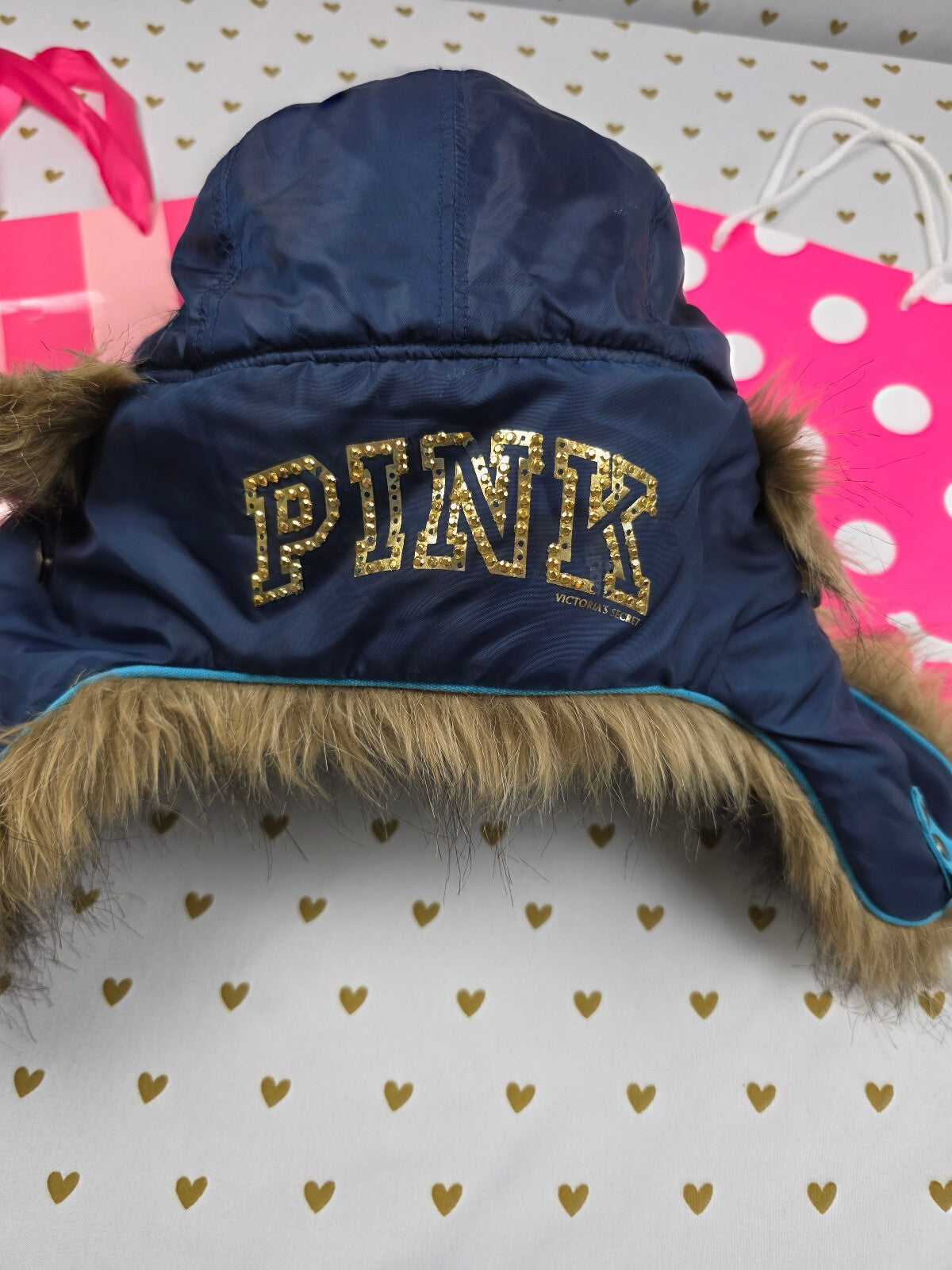 Victoria’s Secret PINK Road Trip 86 BLING Faux Fur Trapper Hat Y2K Rare